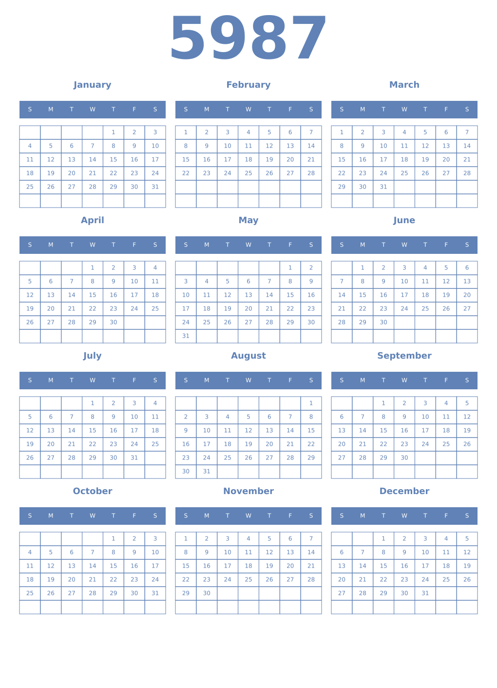 Printable 5987 Year Calendars glaucous