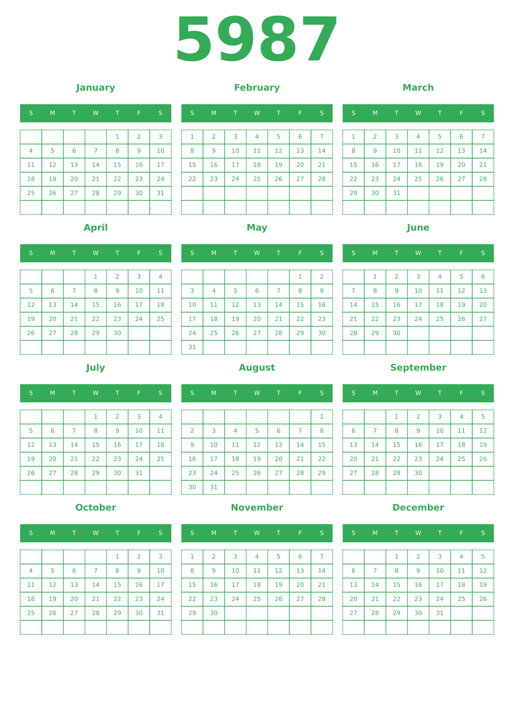 Printable 5987 Year Calendars green