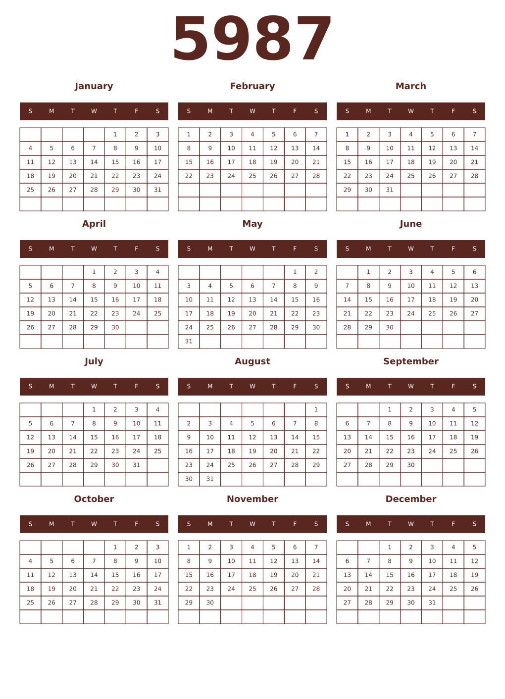 Printable 5987 Year Calendars mortuum