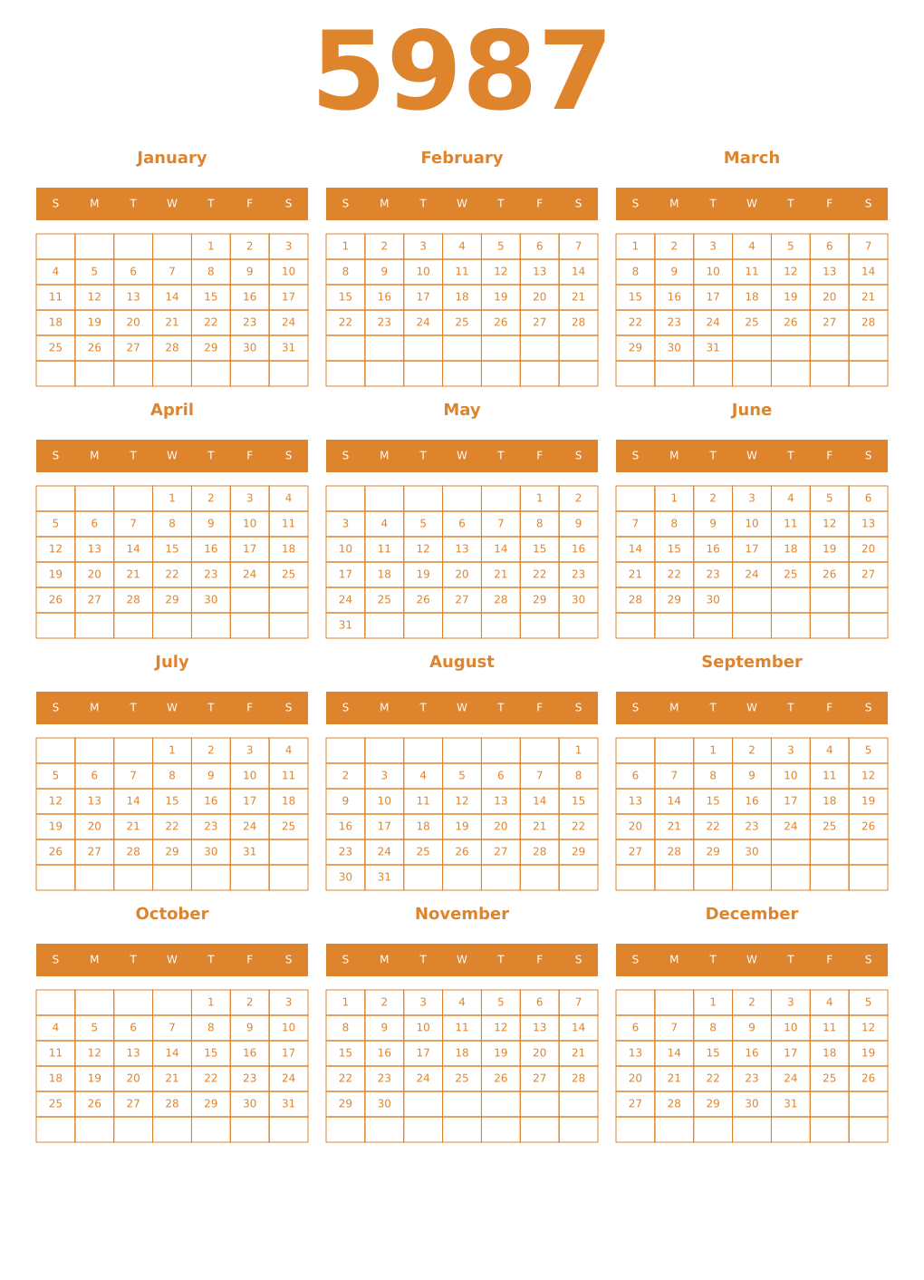 Printable 5987 Year Calendars orange