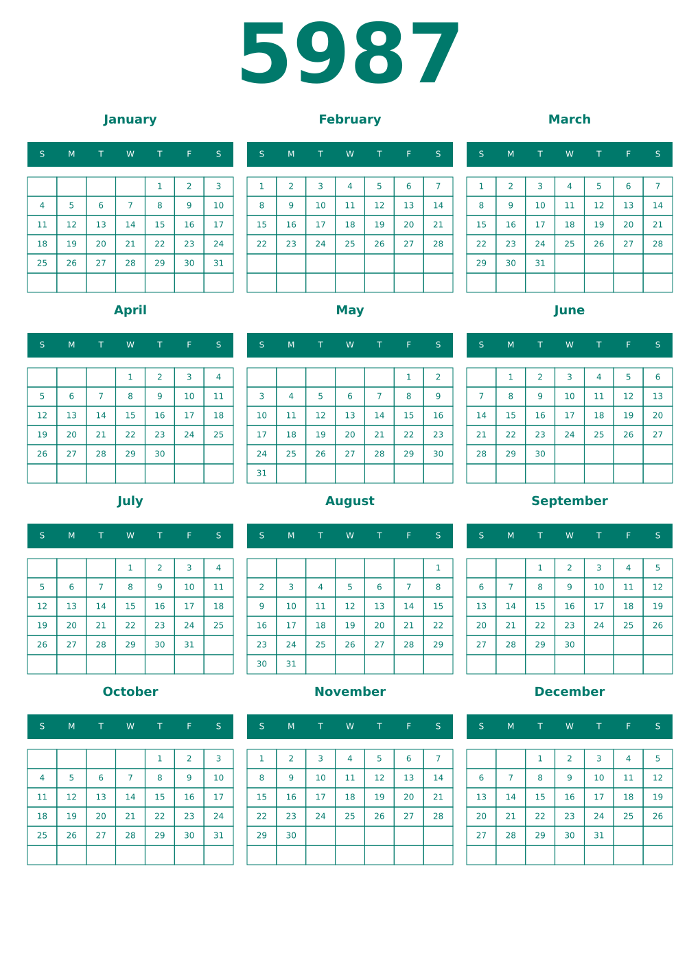 Printable 5987 Year Calendars pastel