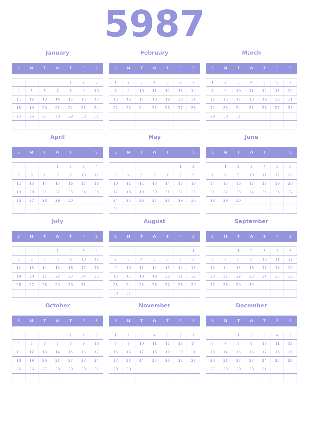 Printable 5987 Year Calendars periwinkle