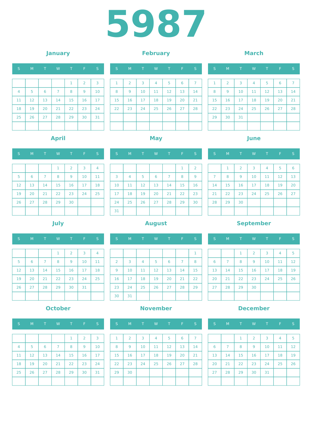 Printable 5987 Year Calendars verdigris