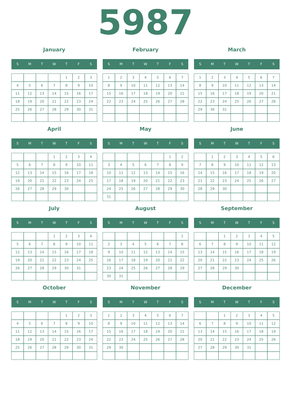 Printable 5987 Year Calendars viridian