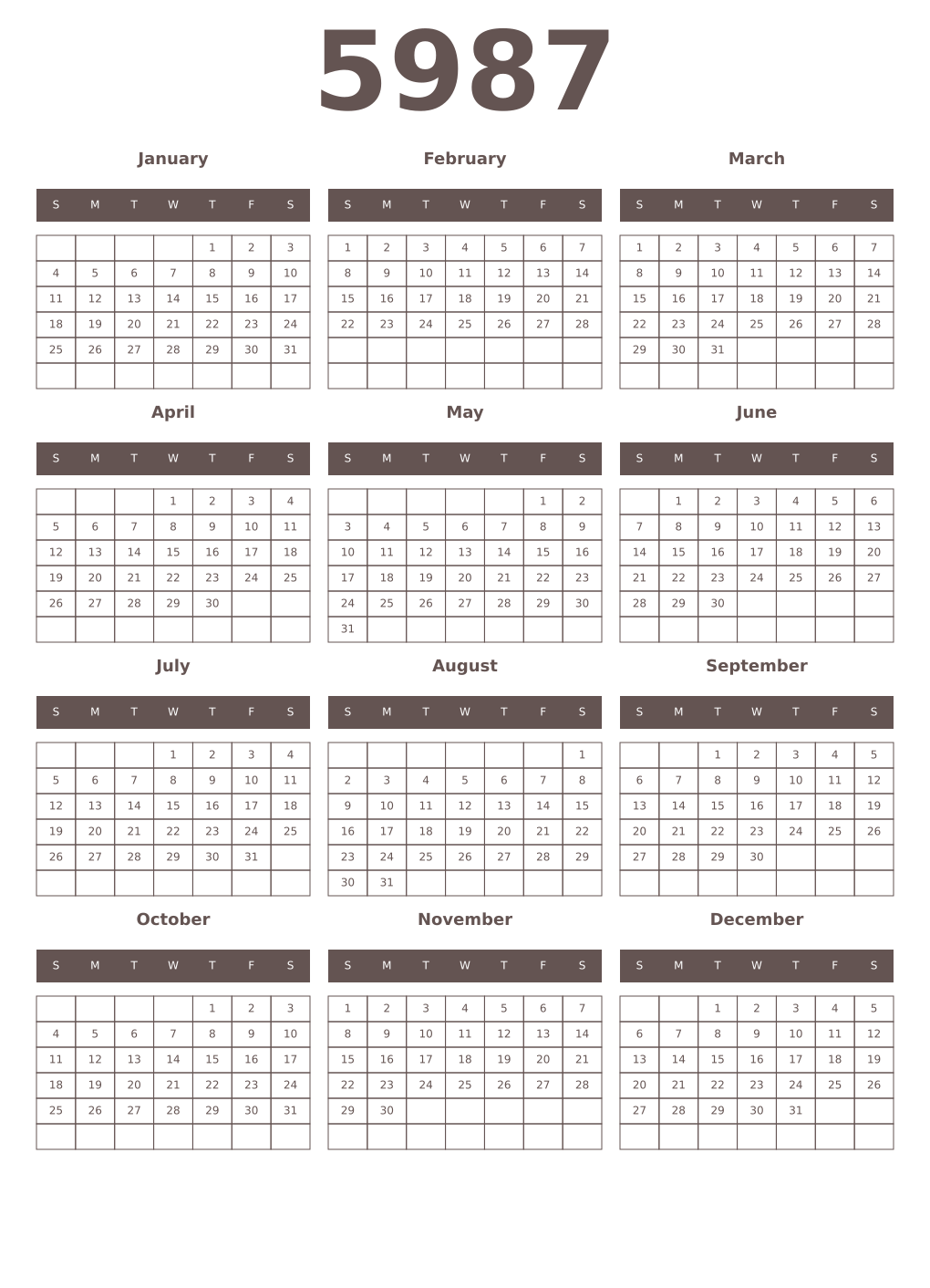 Printable 5987 Year Calendars wenge
