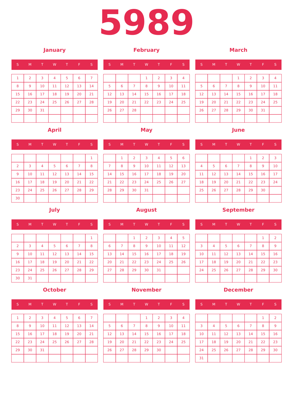 Printable 5989 Year Calendars amaranth