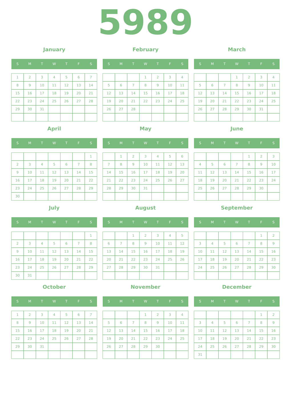 Printable 5989 Year Calendars celadon