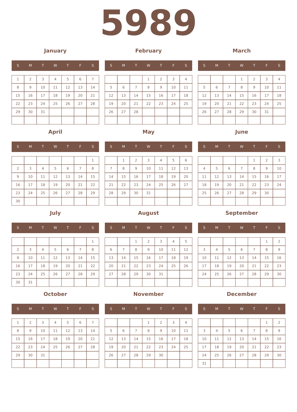 Printable 5989 Year Calendars coffe