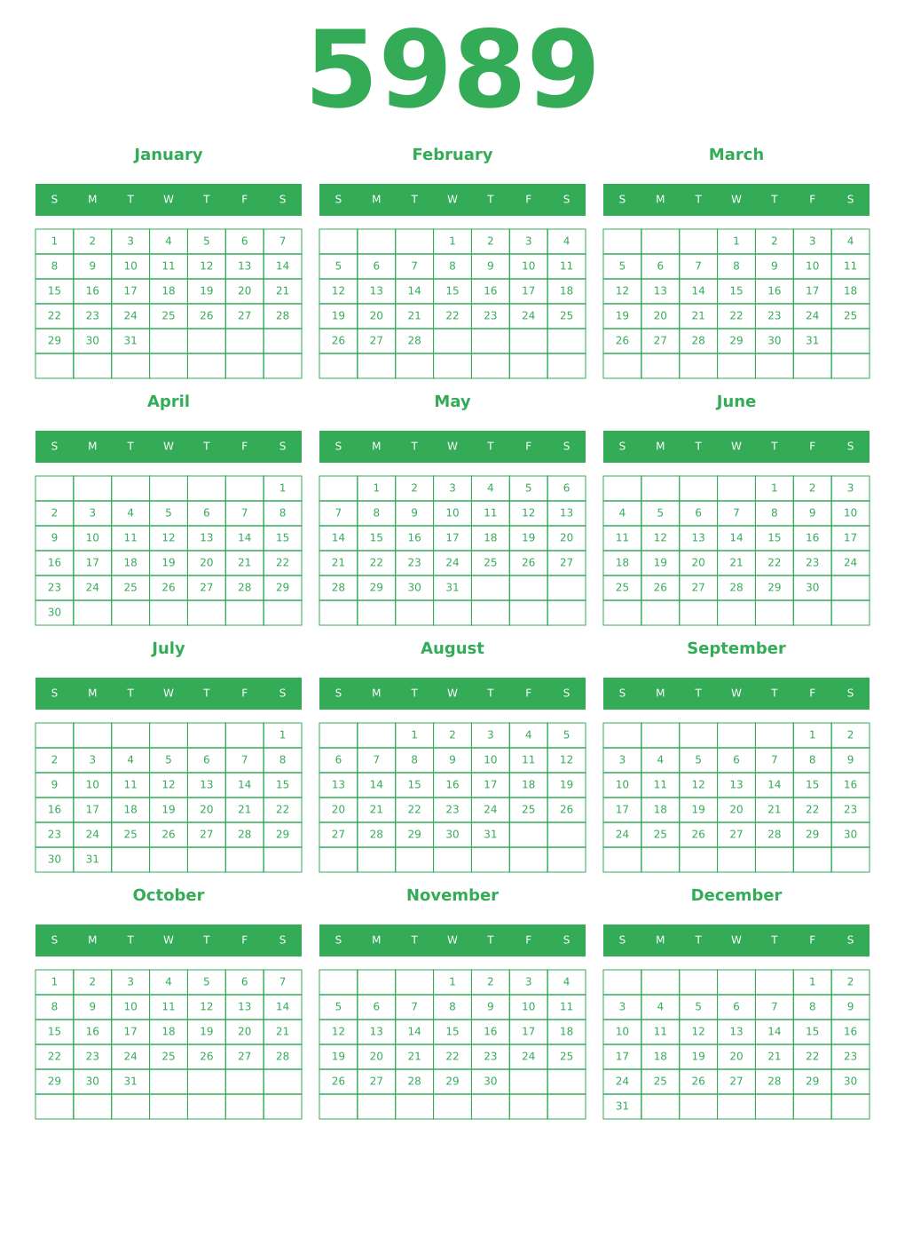 Printable 5989 Year Calendars green