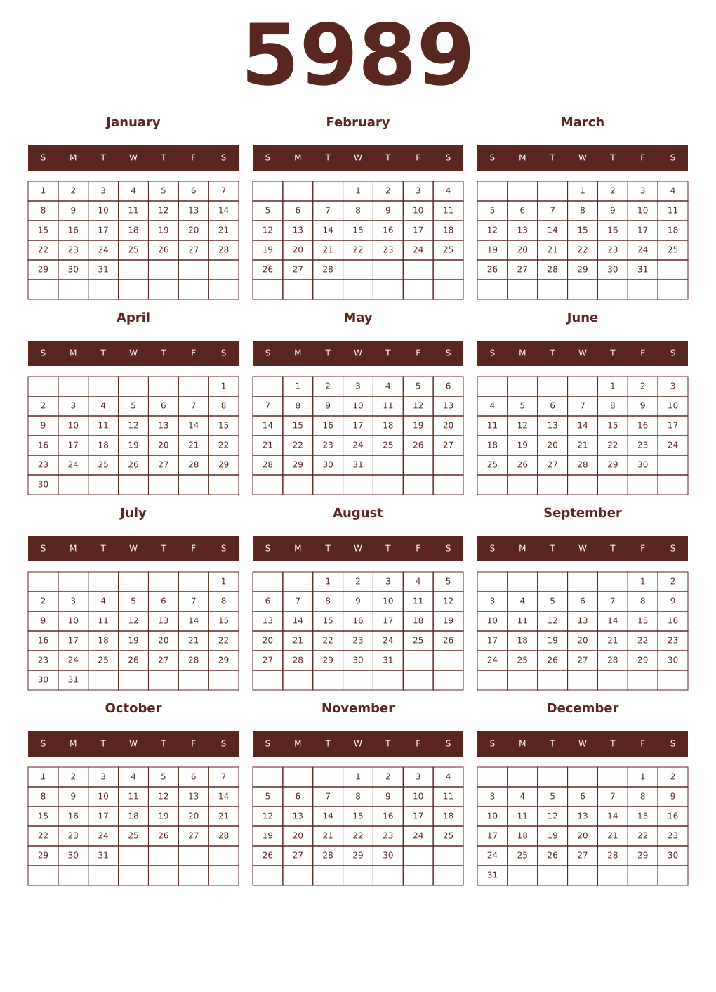 Printable 5989 Year Calendars mortuum