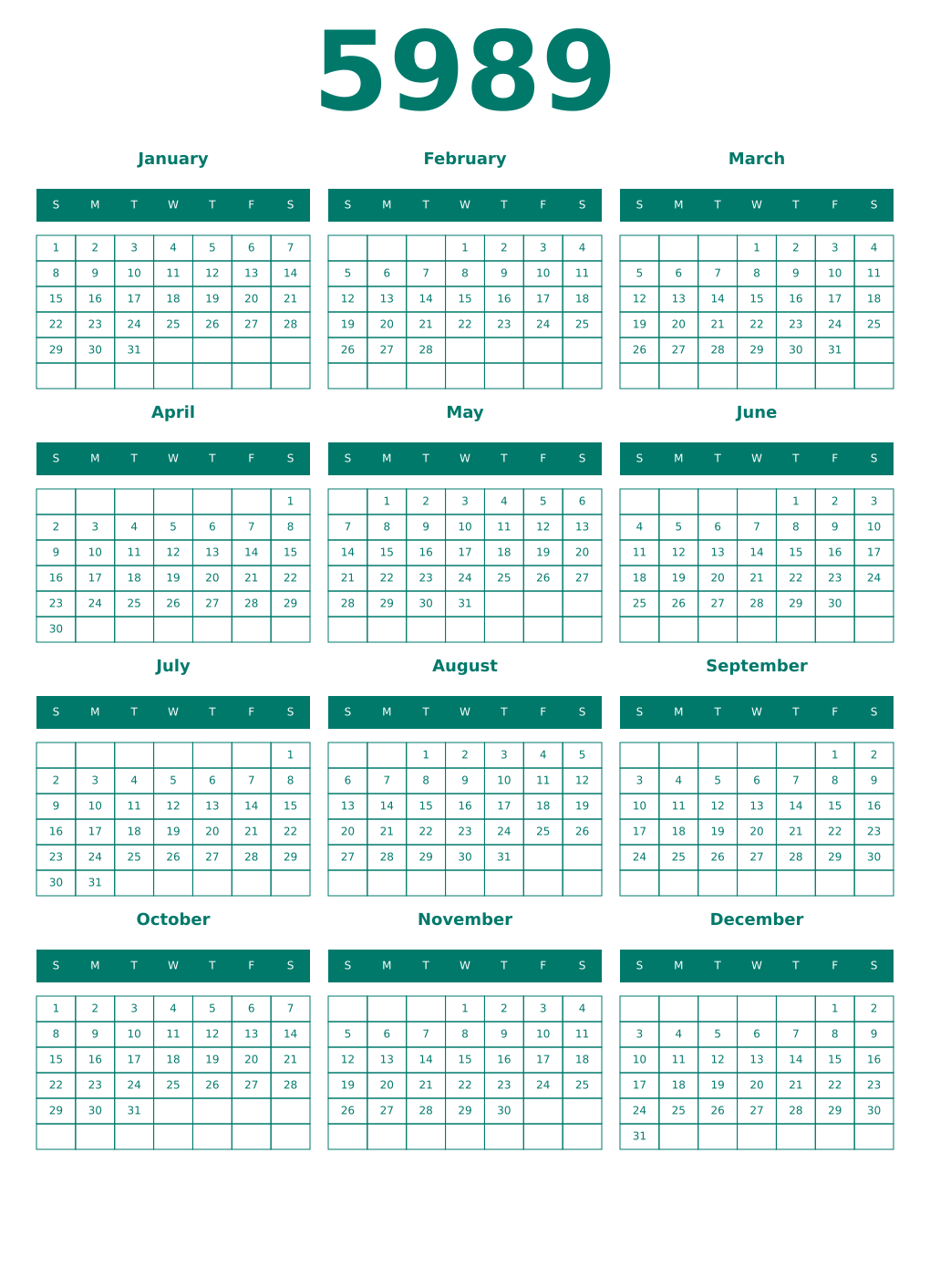 Printable 5989 Year Calendars pastel