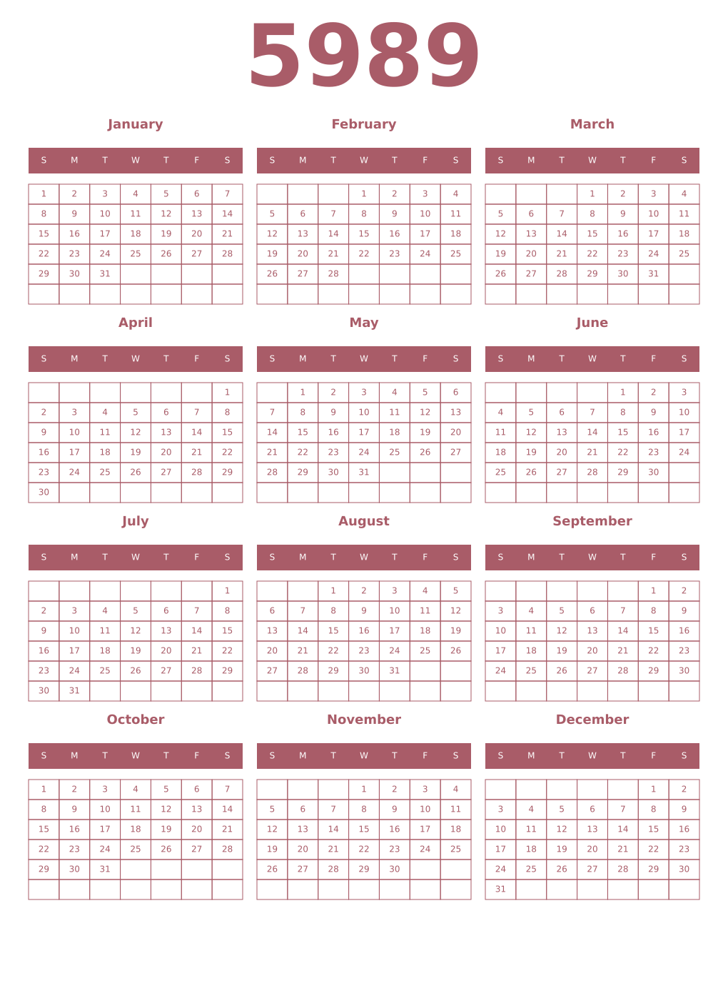 Printable 5989 Year Calendars puce