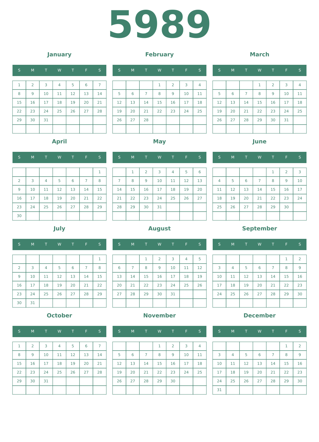 Printable 5989 Year Calendars viridian
