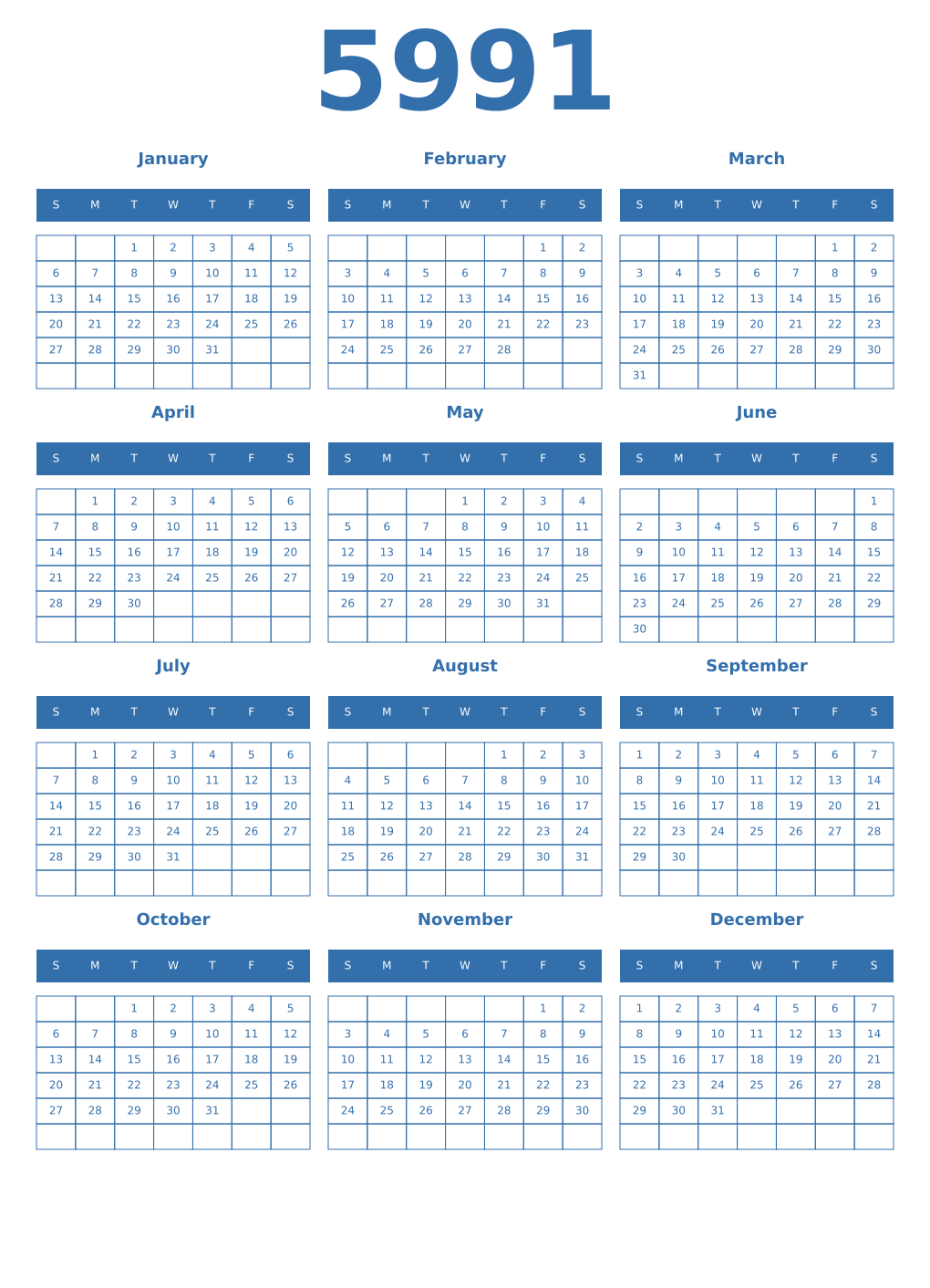 Printable 5991 Year Calendars blue