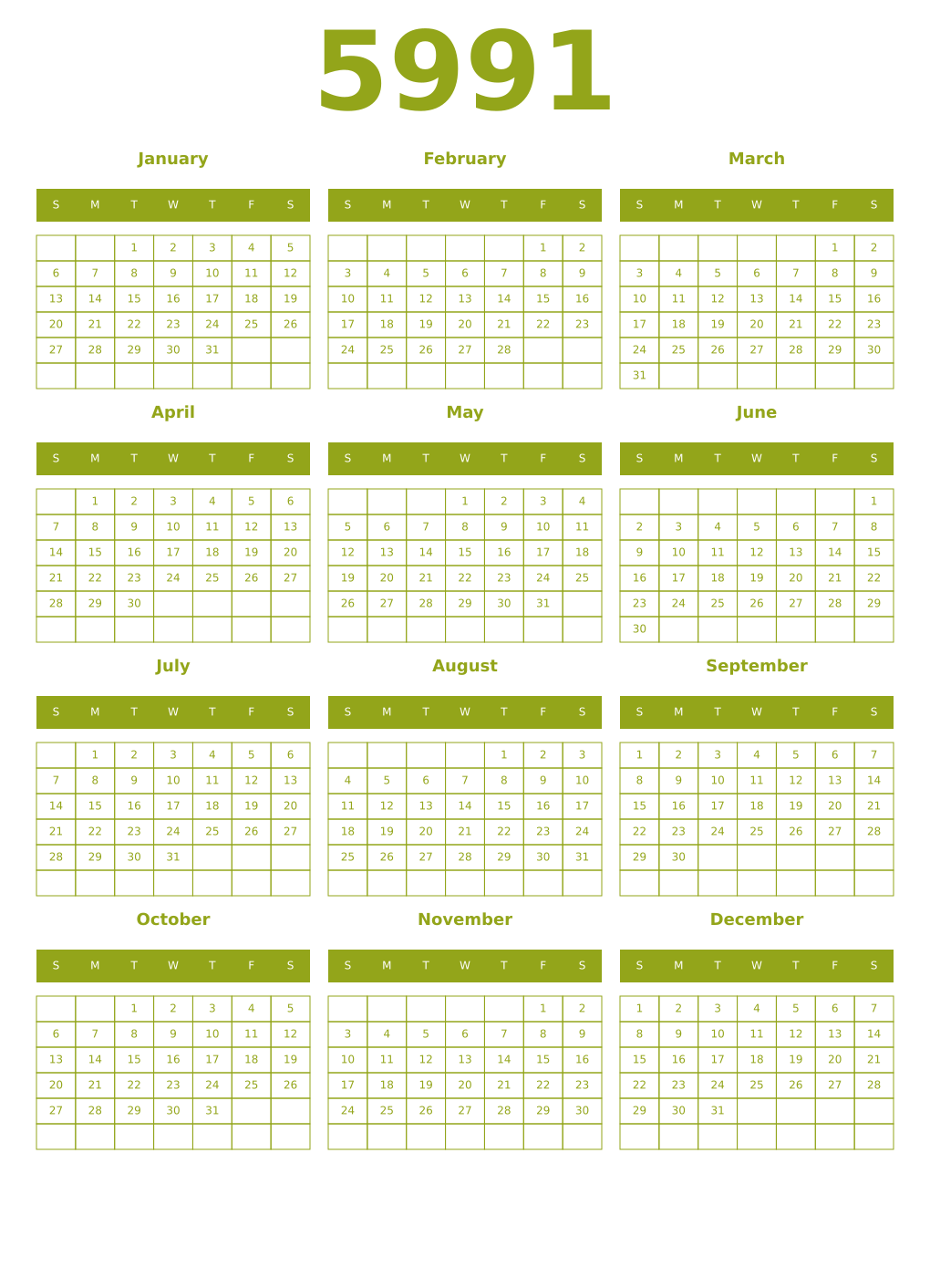 Printable 5991 Year Calendars chartreuse