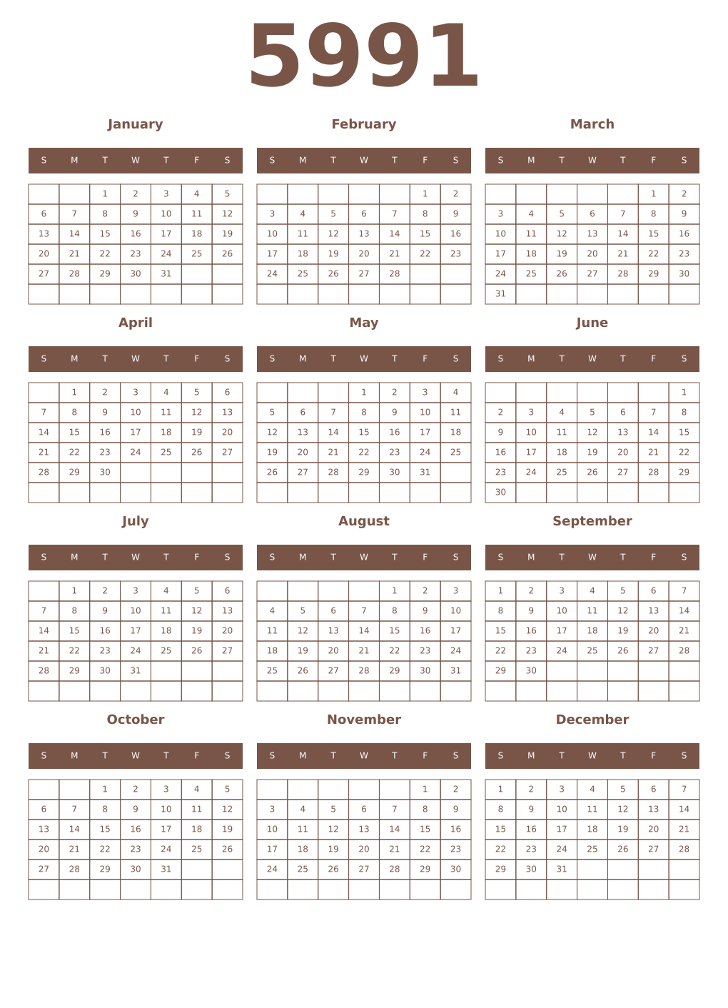 Printable 5991 Year Calendars coffe