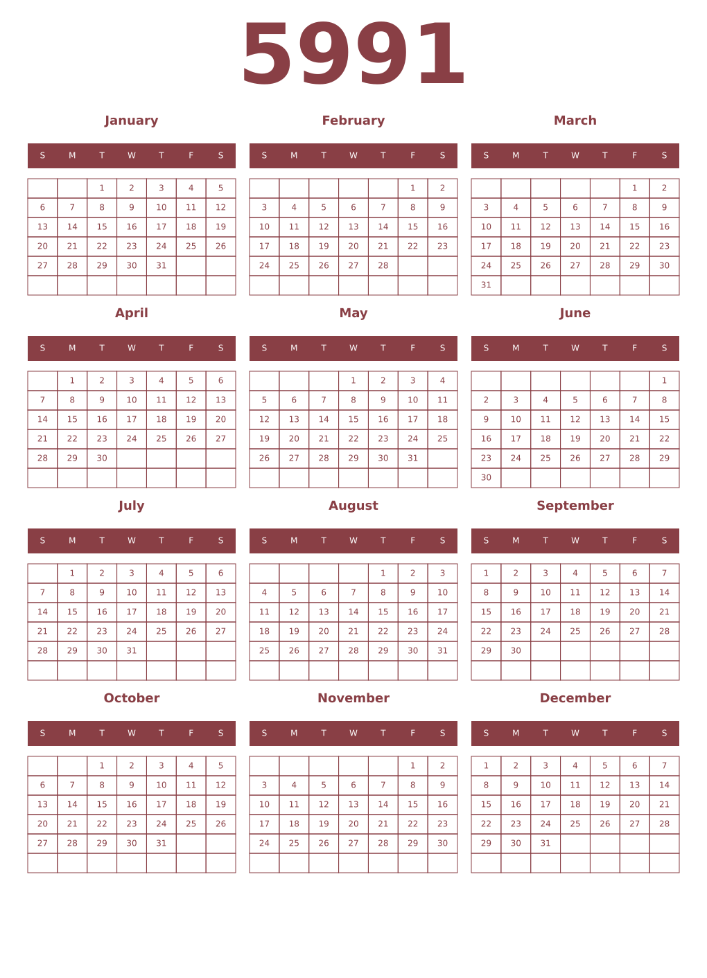 Printable 5991 Year Calendars cordovan