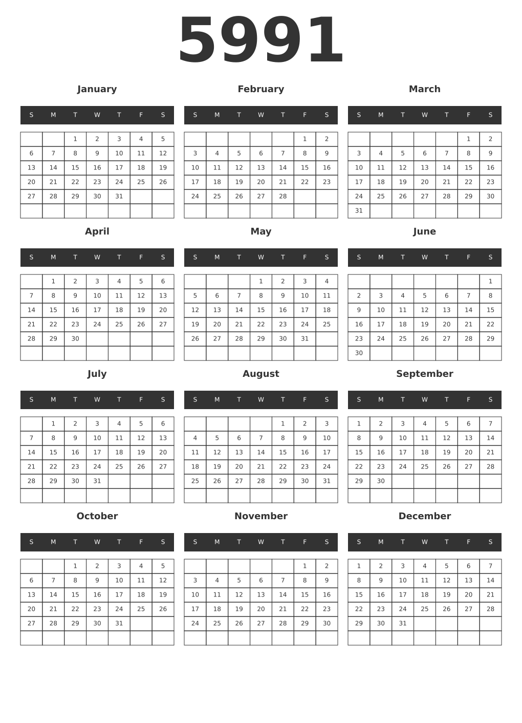 Printable 5991 Year Calendars dark
