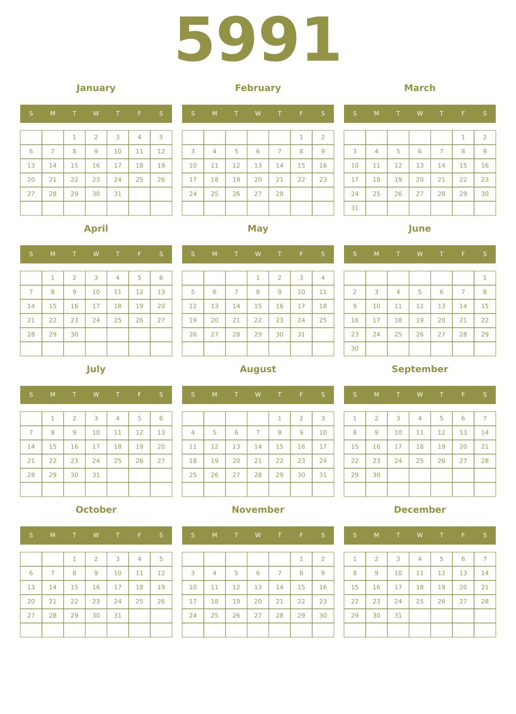 Printable 5991 Year Calendars eburnean