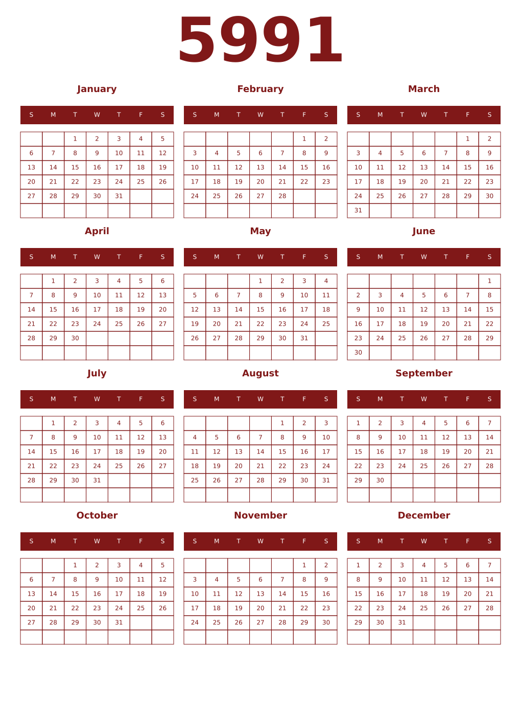 Printable 5991 Year Calendars falu