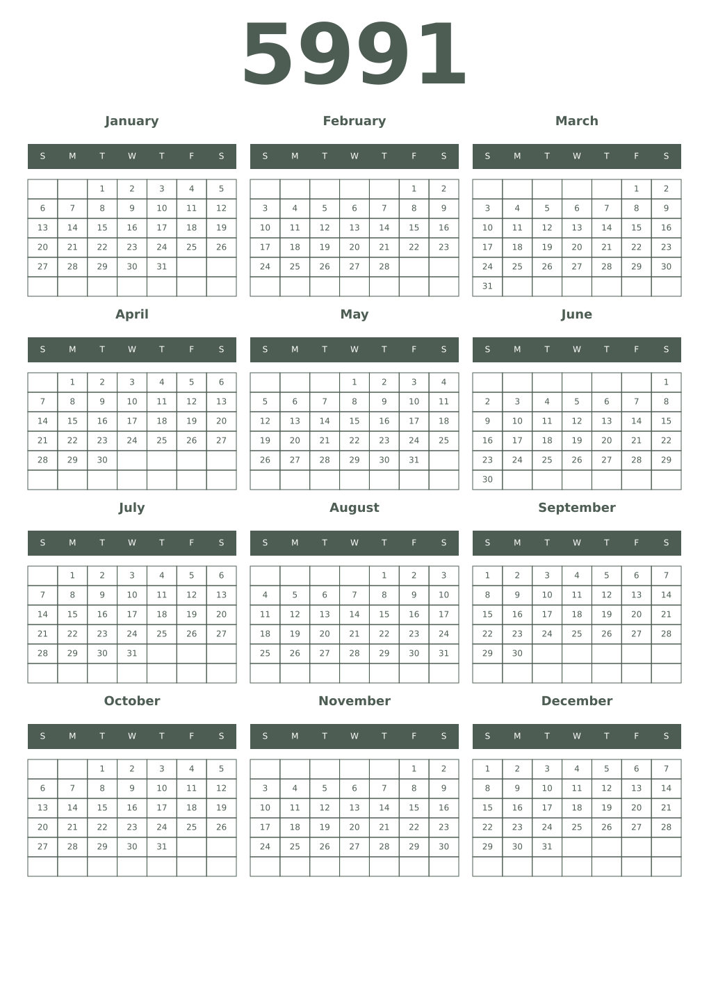 Printable 5991 Year Calendars feldgrau