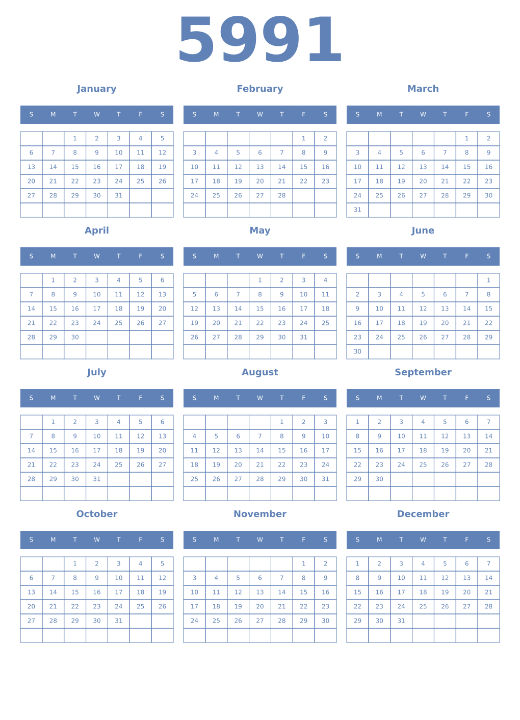 Printable 5991 Year Calendars glaucous
