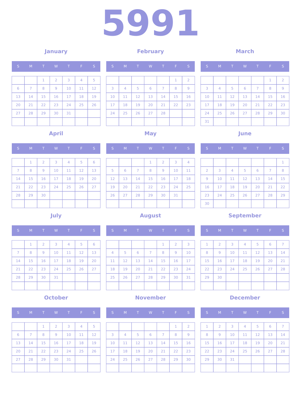 Printable 5991 Year Calendars periwinkle