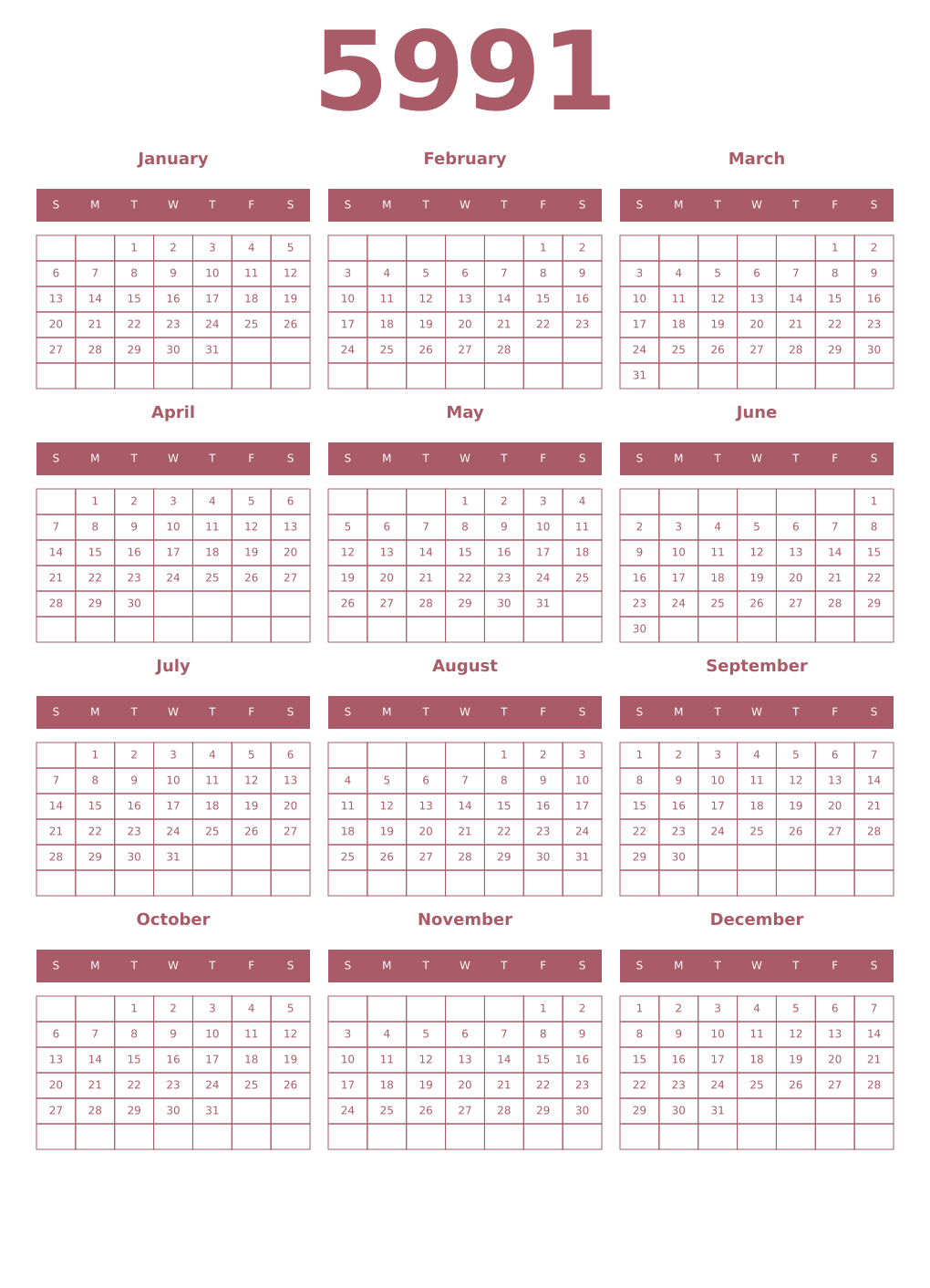 Printable 5991 Year Calendars puce