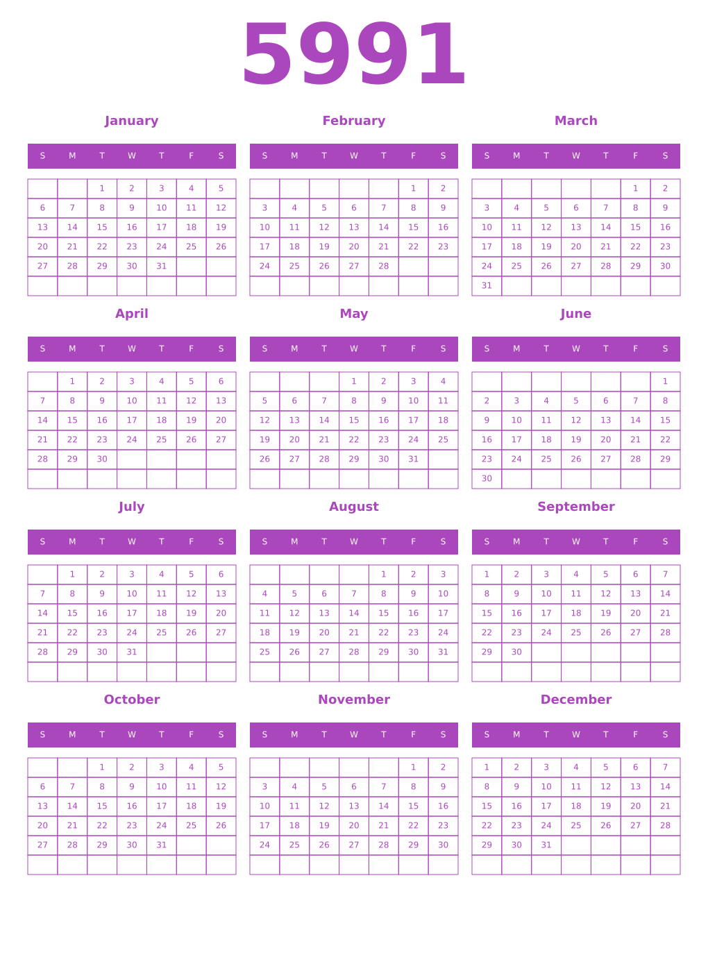 Printable 5991 Year Calendars purple