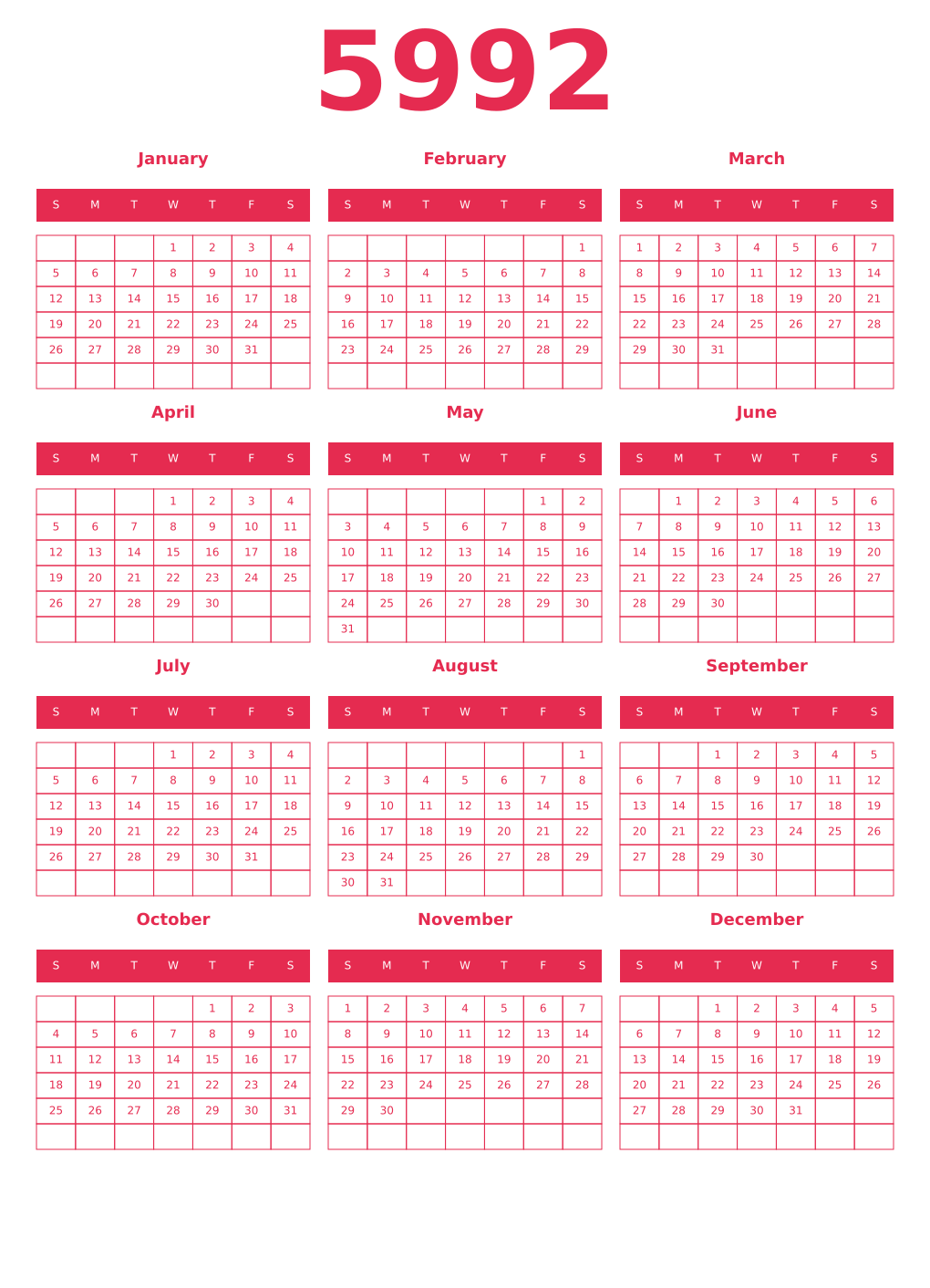 Printable 5992 Year Calendars amaranth