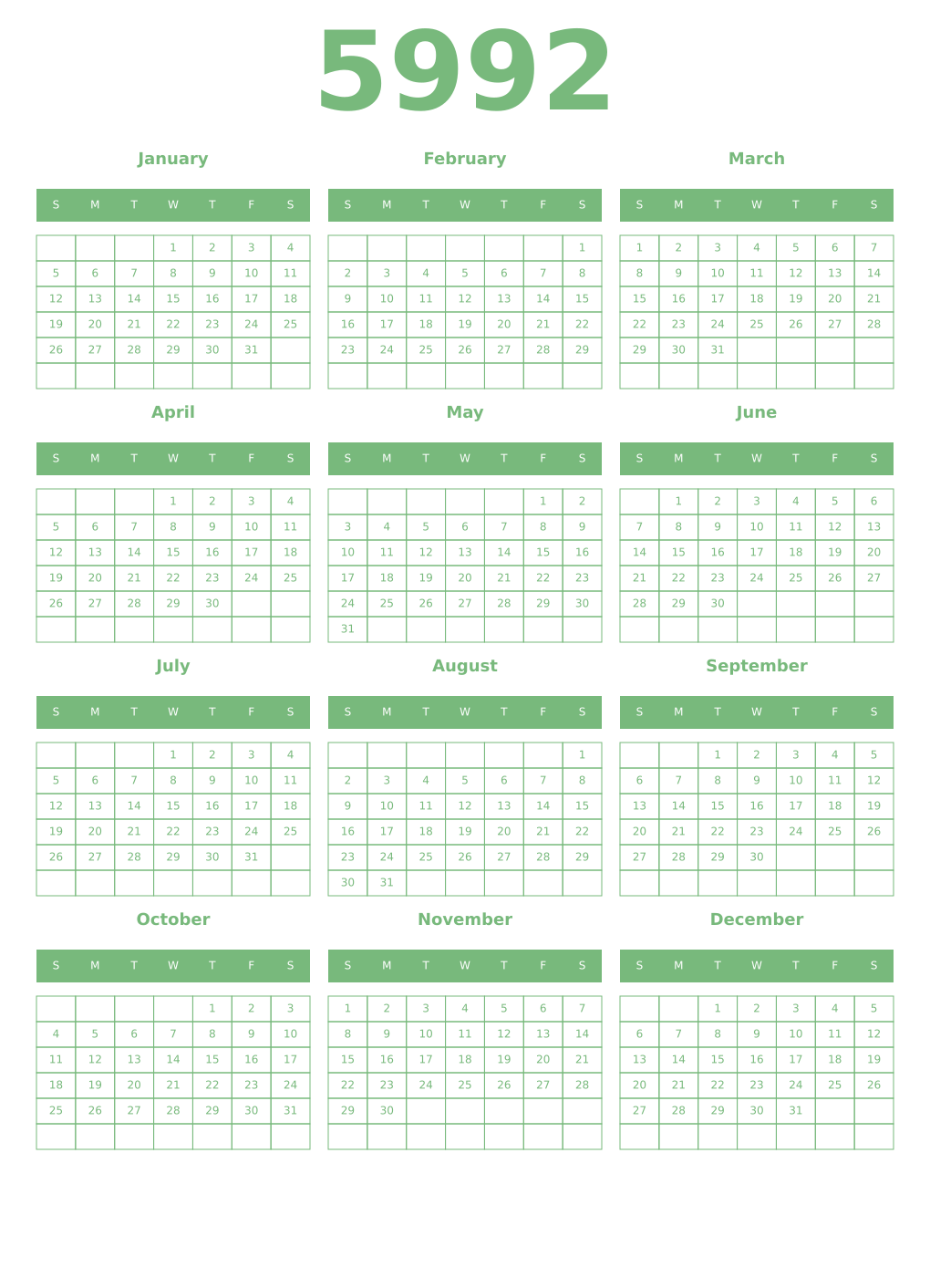 Printable 5992 Year Calendars celadon