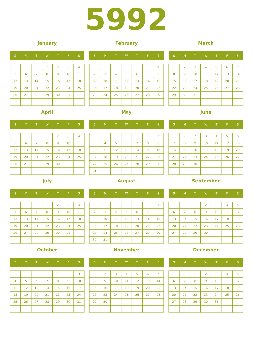 Printable 5992 Year Calendars chartreuse
