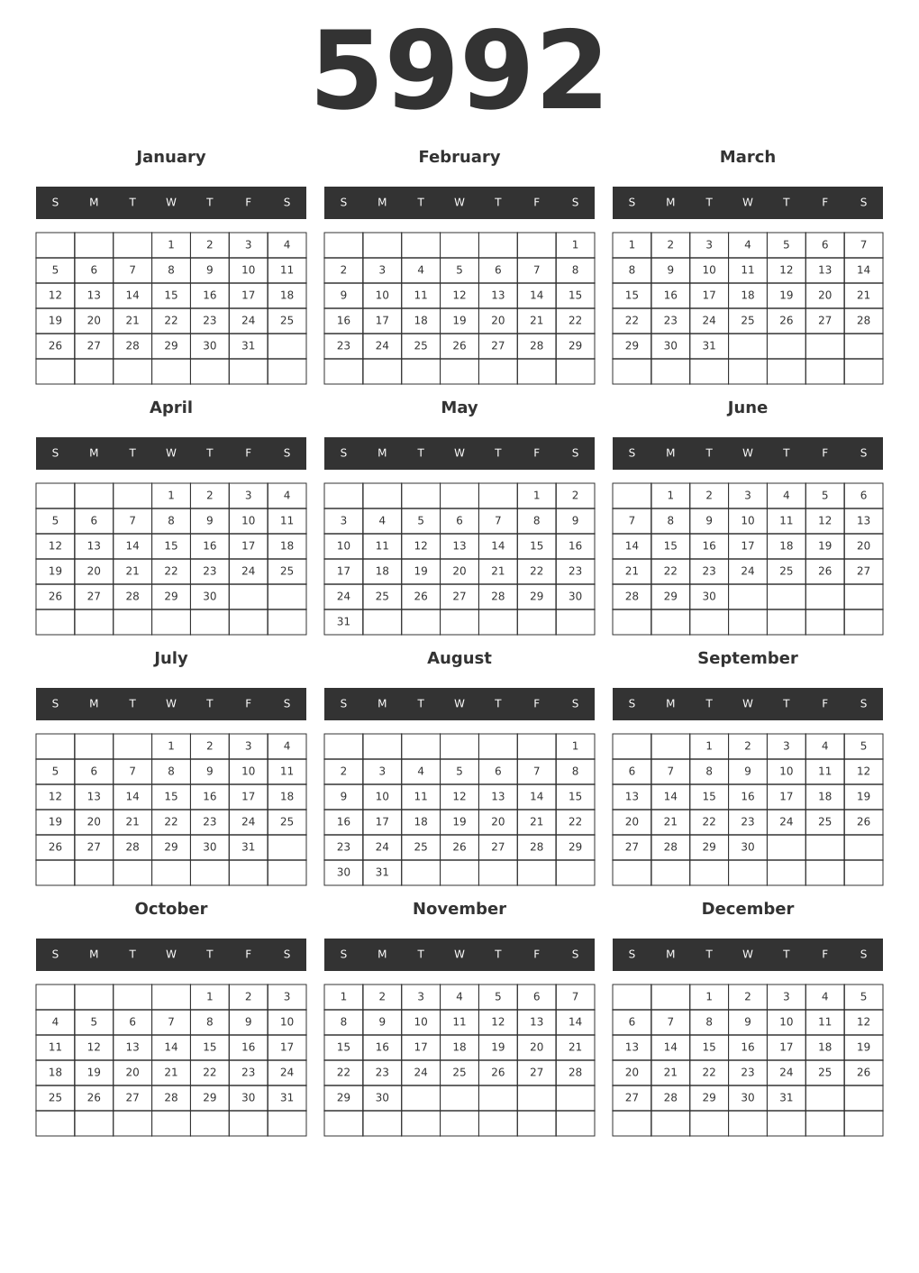 Printable 5992 Year Calendars dark