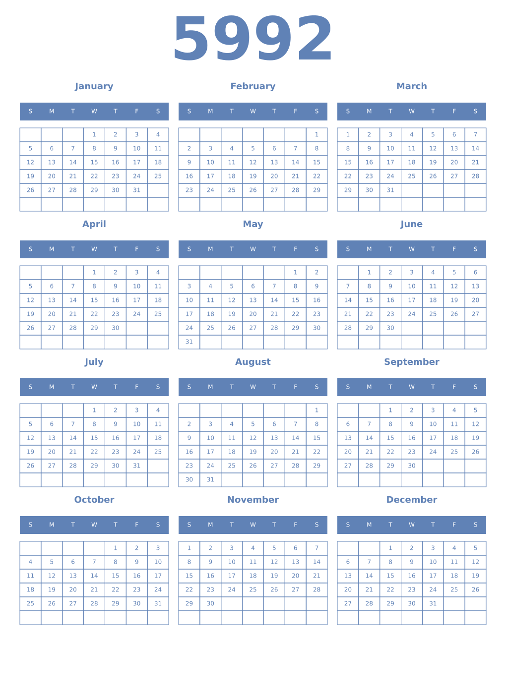 Printable 5992 Year Calendars glaucous