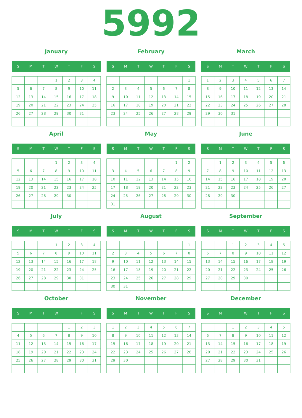 Printable 5992 Year Calendars green