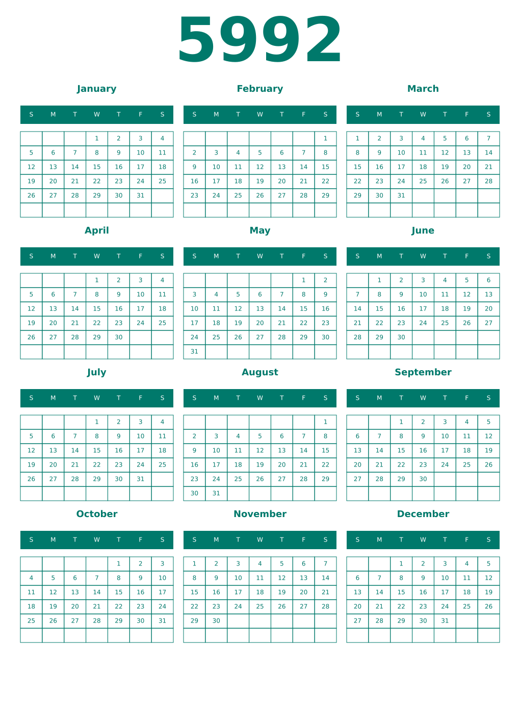 Printable 5992 Year Calendars pastel