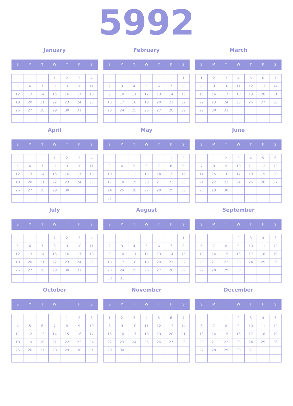 Printable 5992 Year Calendars periwinkle