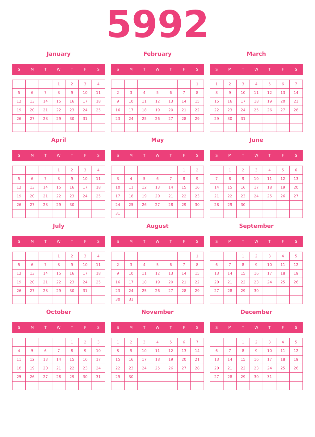 Printable 5992 Year Calendars pink