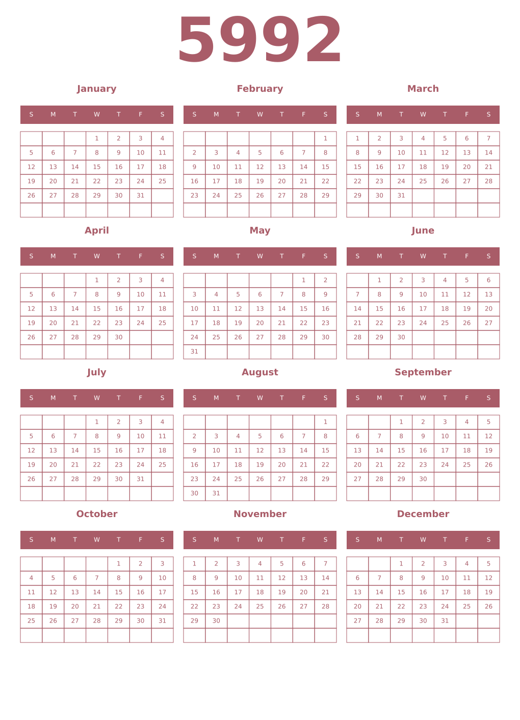 Printable 5992 Year Calendars puce