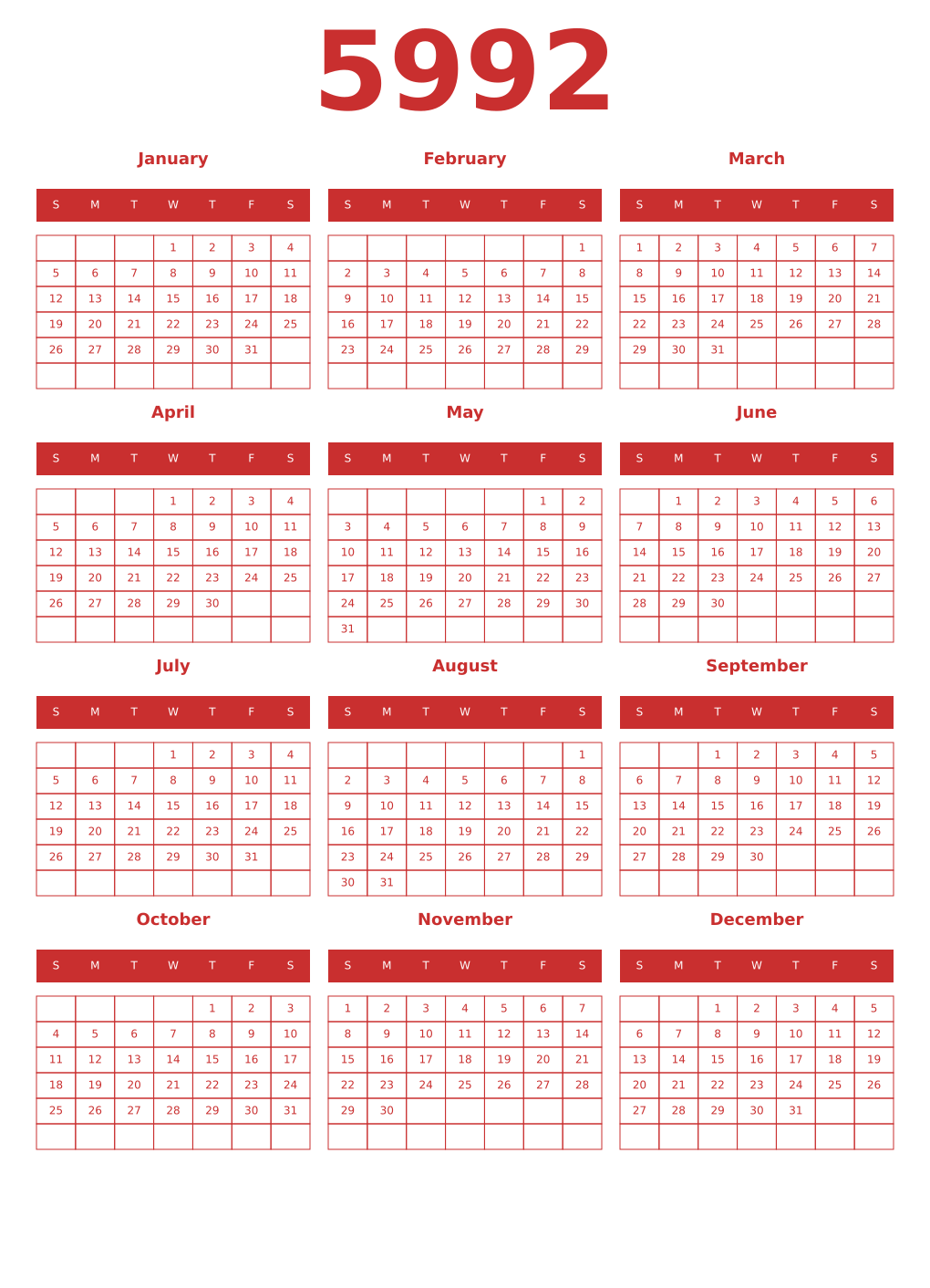 Printable 5992 Year Calendars red