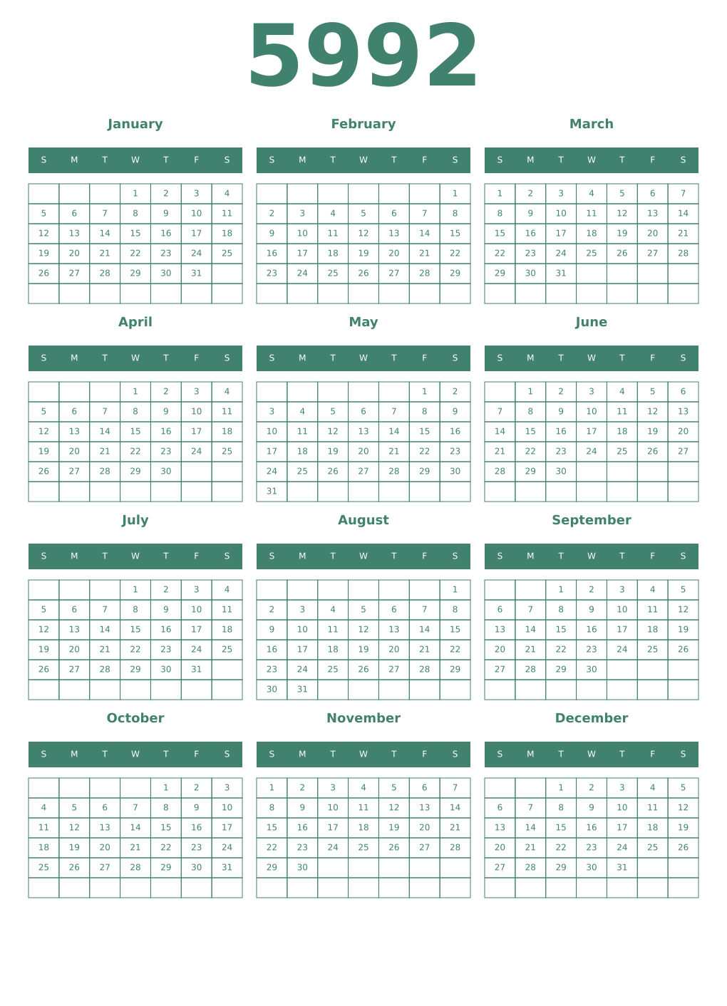 Printable 5992 Year Calendars viridian