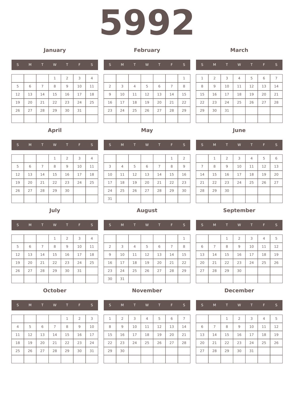 Printable 5992 Year Calendars wenge