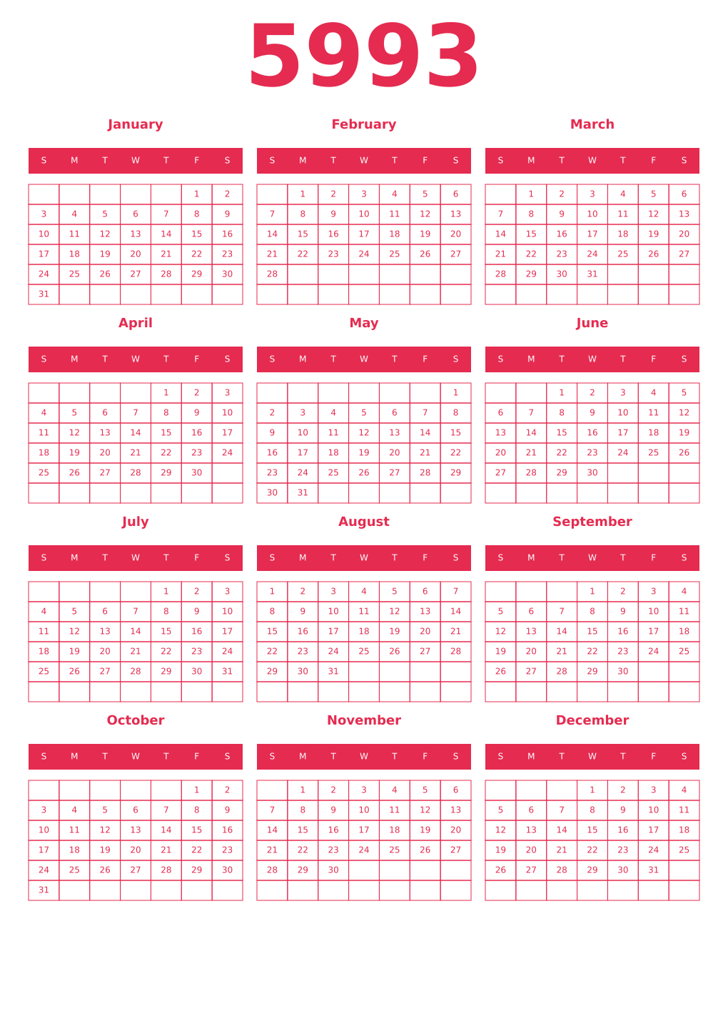 Printable 5993 Year Calendars amaranth