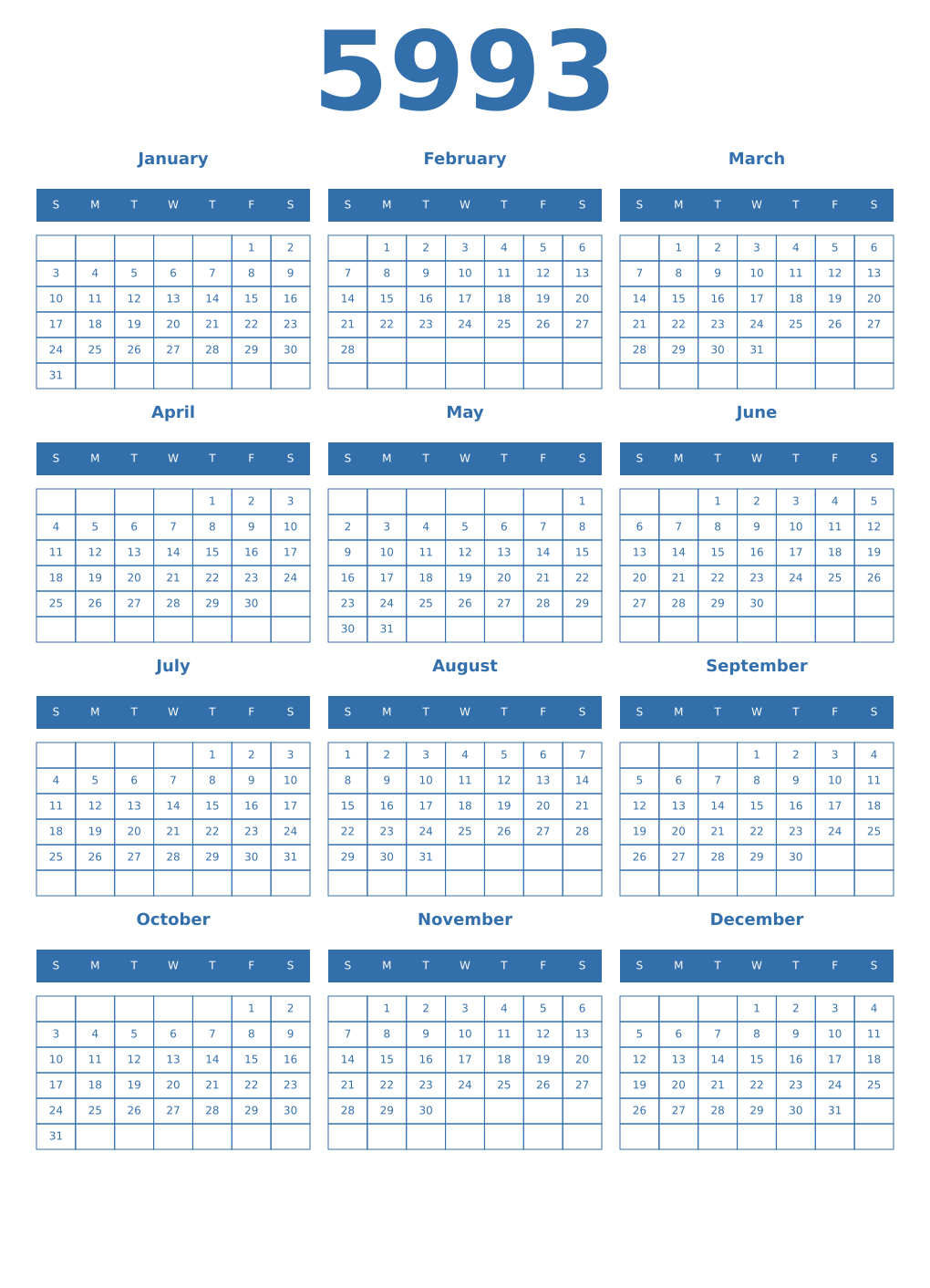 Printable 5993 Year Calendars blue