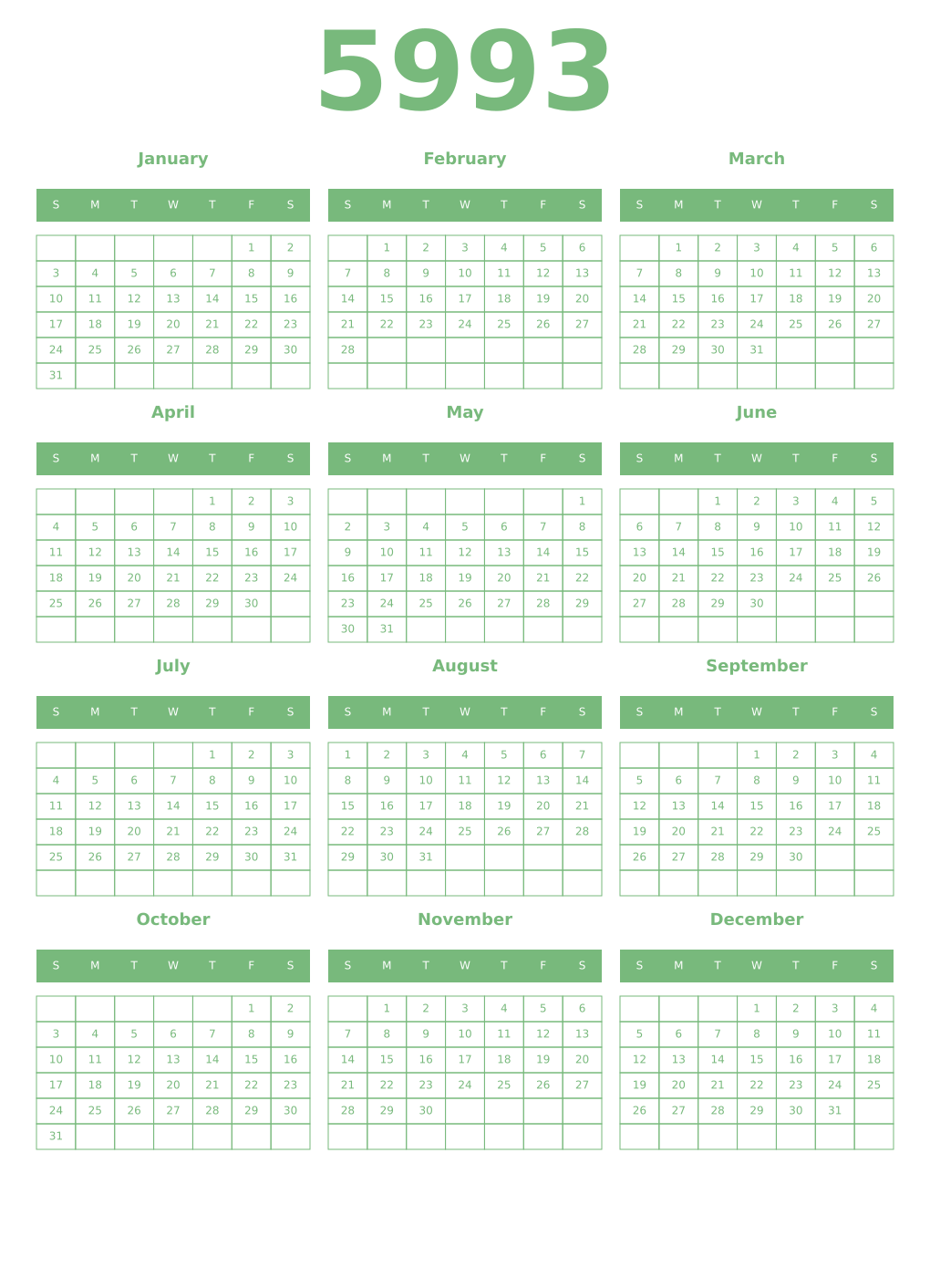 Printable 5993 Year Calendars celadon