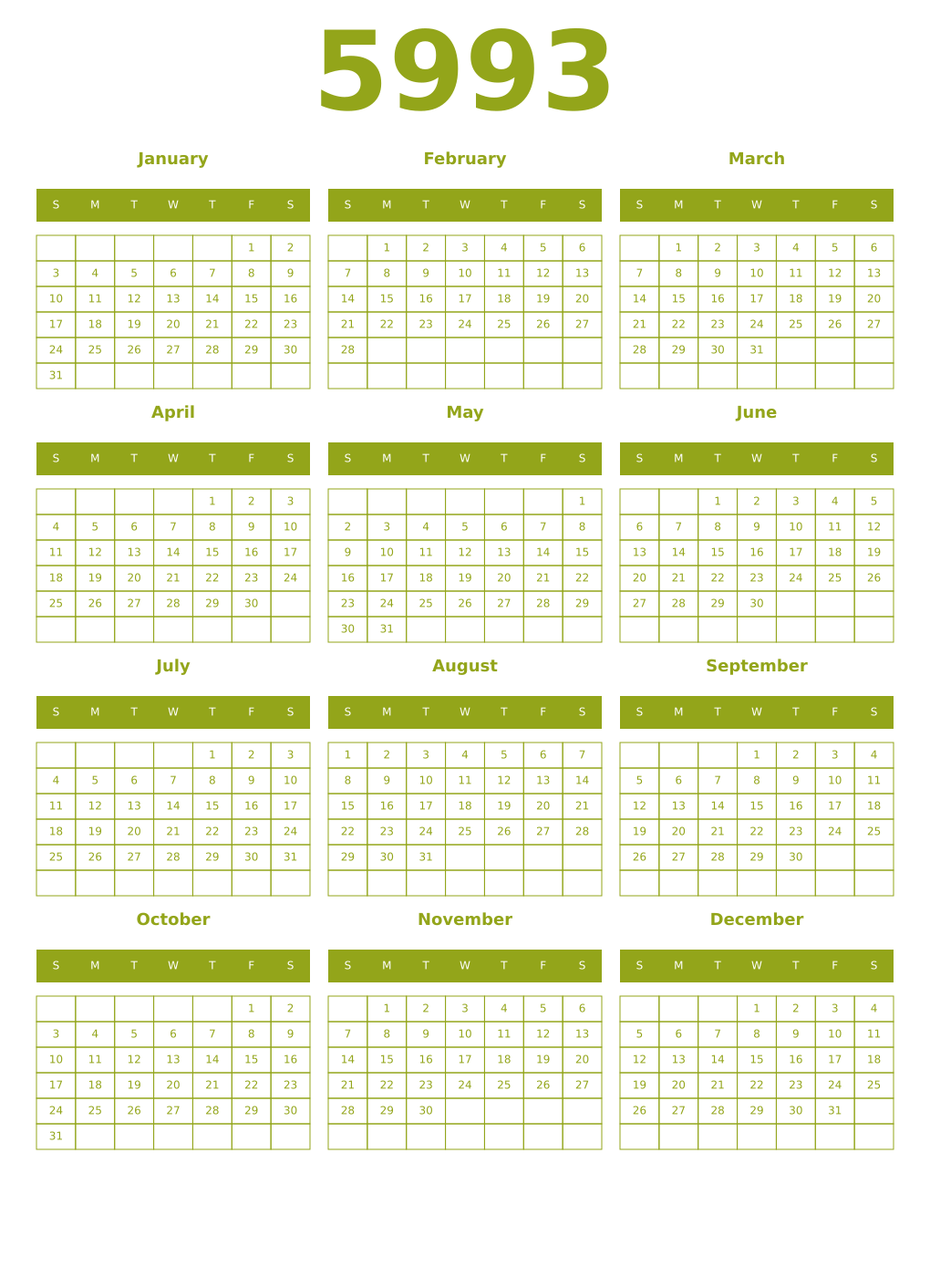 Printable 5993 Year Calendars chartreuse