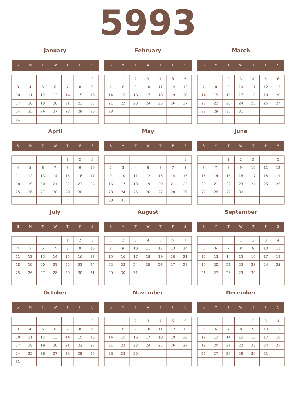 Printable 5993 Year Calendars coffe