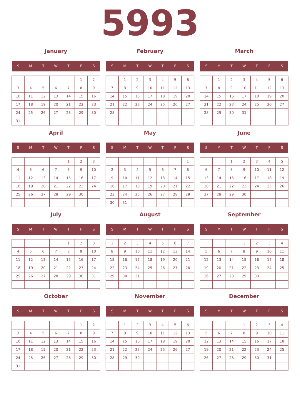 Printable 5993 Year Calendars cordovan