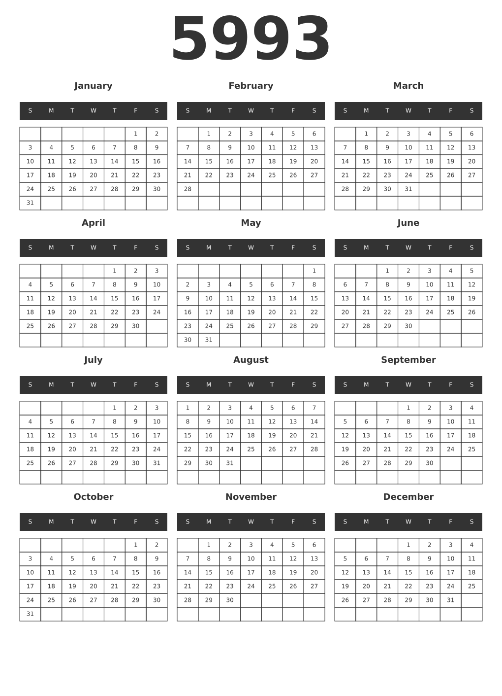 Printable 5993 Year Calendars dark
