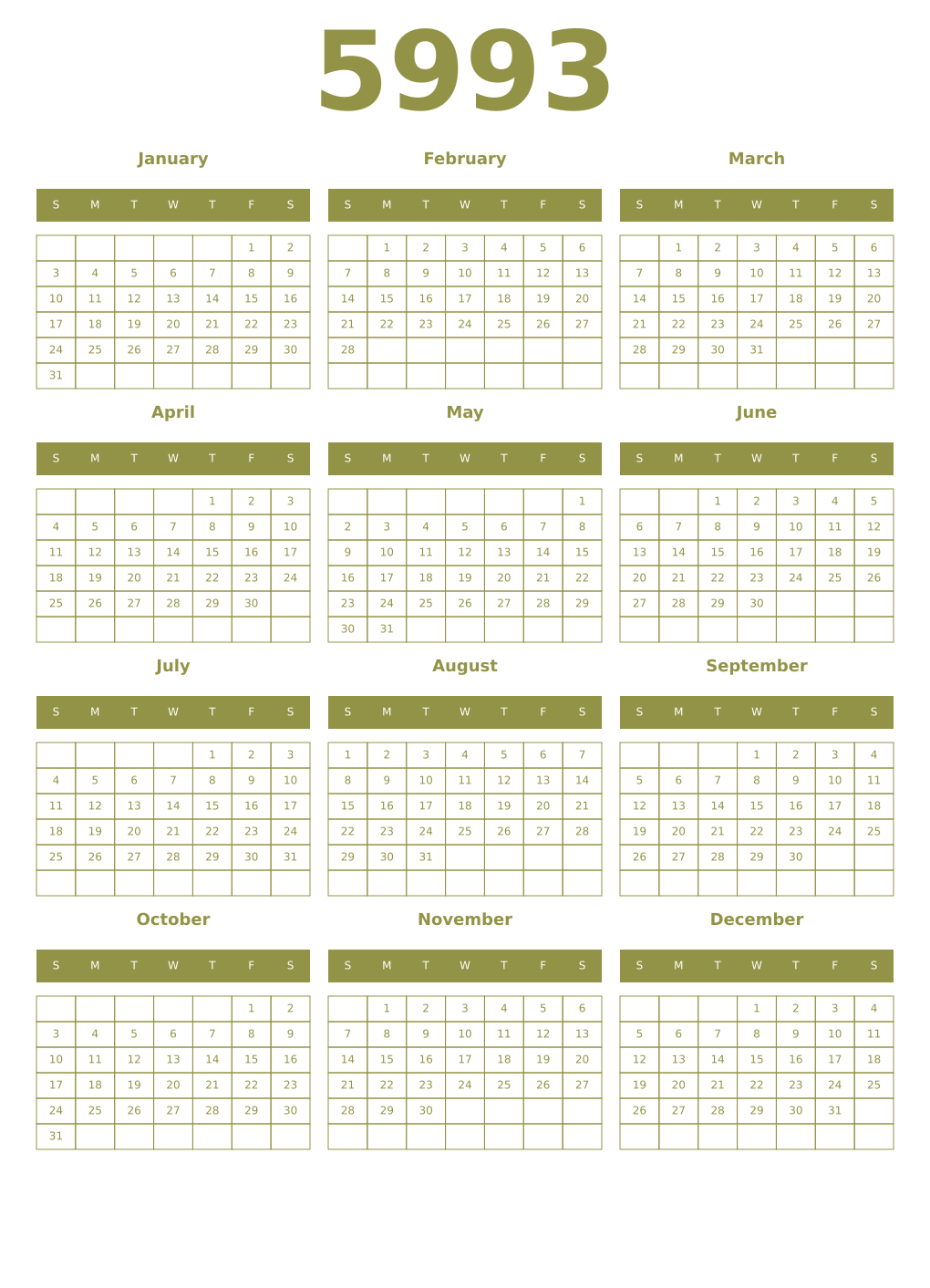 Printable 5993 Year Calendars eburnean